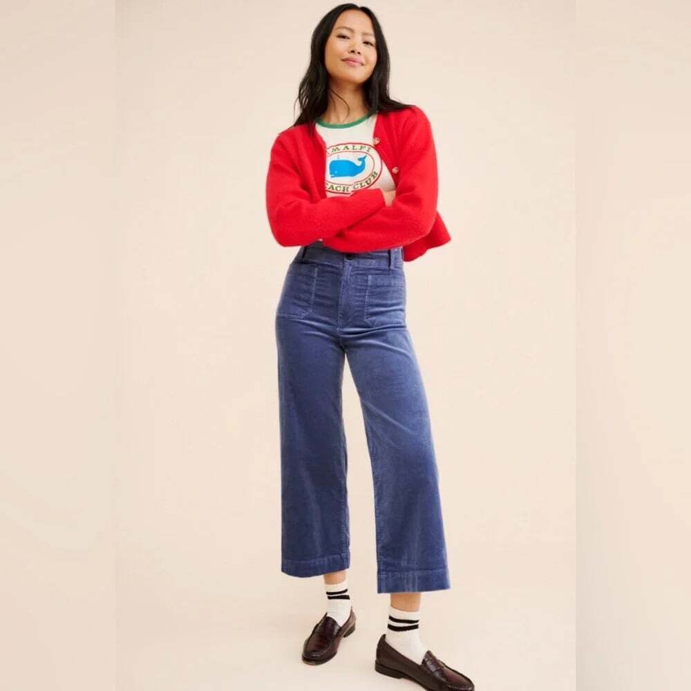 ANTHROPOLOGIE MAEVE The Colette Size 26 Blue Corduroy Wide Leg Cropped Pants